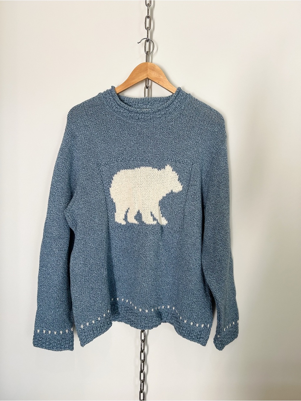 Vintage Blue Mock Neck Sweater with White Bear Graphic
